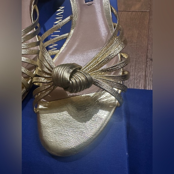 Stuart Weitzman Metallic Gold Knot-Front Heeled Sandals - Picture 5 of 16